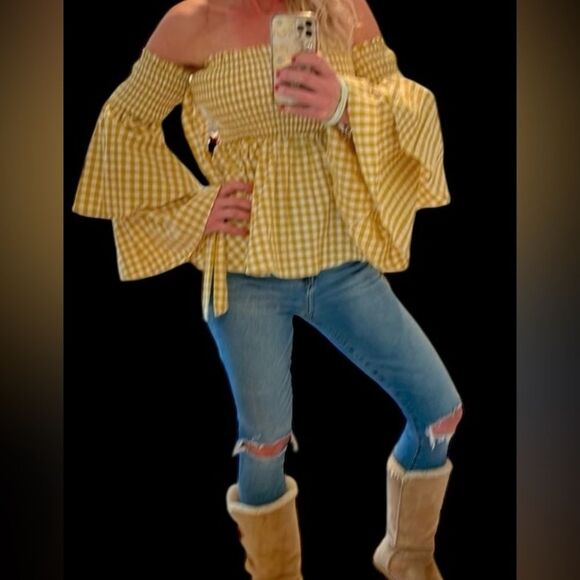 Caroline Constas off the shoulder smocked body ruffle sleeves top boho NWOT L - Picture 3 of 10